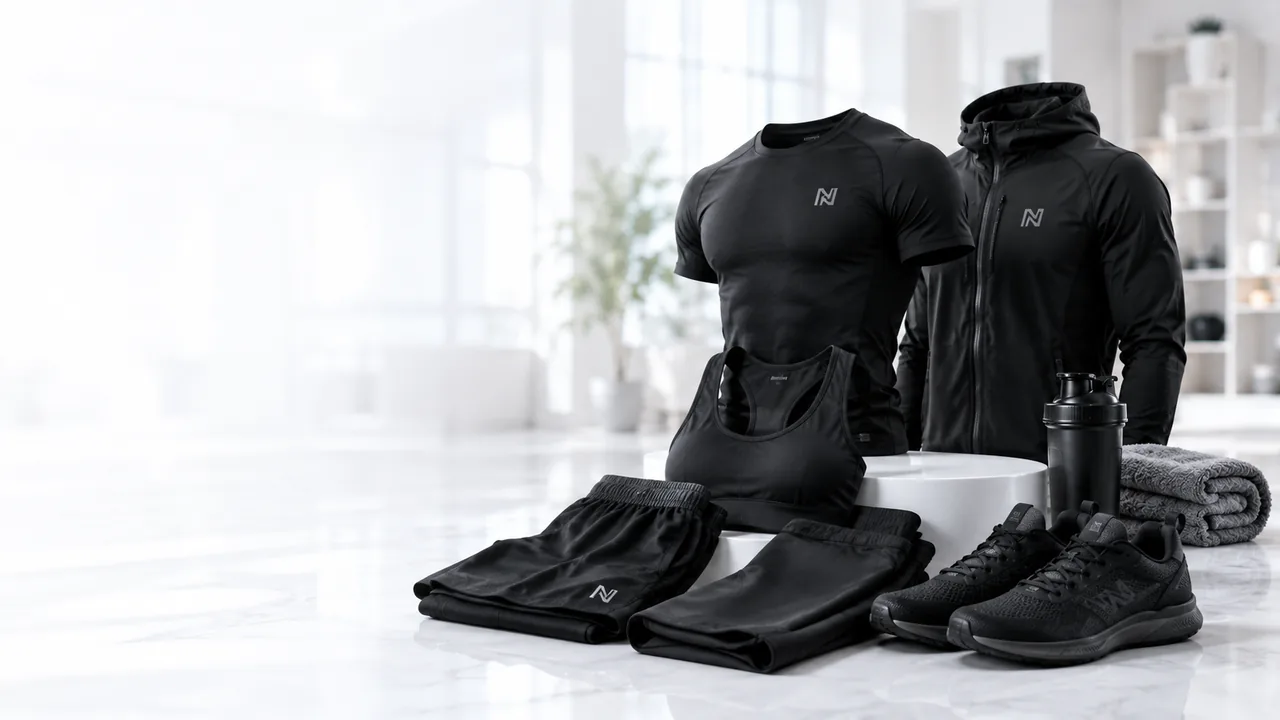 Svarta träningskläder med t-shirt, jacka, sport-bh, shorts, tights och skor i en ljus premium miljö.