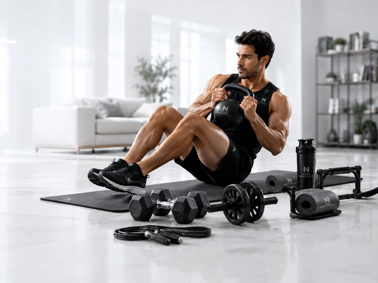 Man tränar hemma med kettlebell, hantlar, träningsmatta och maghjul.